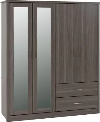 Lisbon 4 Door Mirrored Wardrobe 2 Drawers In Black Wood Grain Finish • £346.49