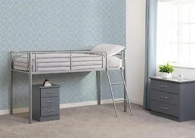 Single Mid Sleeper Metal 3ft Bunk Bedstead Cabin Loft Kora Modern Design Silver • £145.99