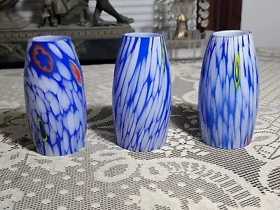 Set Of 3 Millefiori Cased Blue Glass Pendant Hanging Lamp Shades Murano Style • $55