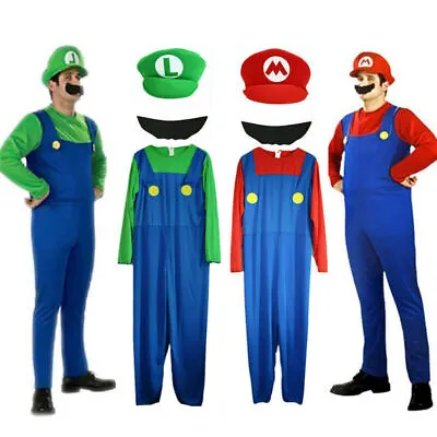 Mens Adult Super Mario And Luigi Fancy Dress Plumber Bros Halloween Costume UK • £10.99