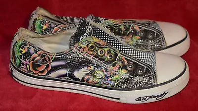 Women's Vintage Ed Hardy Tattoo Black Rhinestone Sneakers 6 10slr901 • $65