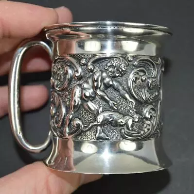 Edwardian English Sterling Silver Christening Cup Cherub Rabbit Design • $60.92