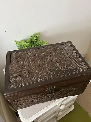 Antique Chinese Box Heavily Carved Oriental Camphor Wood Teak Chest • £58