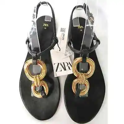 NEW Black ZARA Leather Thong Flat Sandals W/ Gold Rings Detail Women 7.5 EU 38 • $49