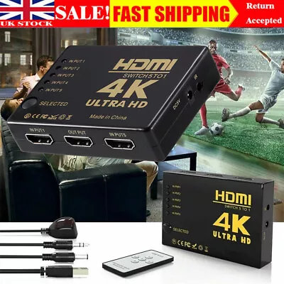 4K HDMI Switch Switcher 5 Port Splitter Hub IR Remote For HDTV PS3 5 In 1 Out • £6.99