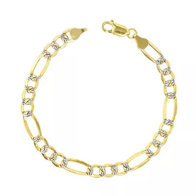 10K Yellow Gold Mens 7mm Diamond Cut White Pave Italian Figaro Chain Bracelet 8  • $298.99