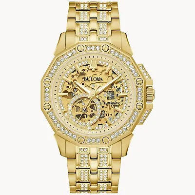 Bulova Octava Crystal Gold Tone Skeleton Dial Stainless Steel Men's Watch 98A292 • $264.96