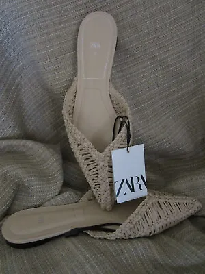 NEW! TAGS! Zara VEGAN Braided COMFORT FLATS Pointed Toe MULES Women's 38 BEIGE • $34.10