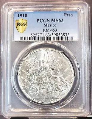 1910 Mexico Silver 1 Peso Caballito Pcgs Ms 63 Scarce Beautiful Bright Coin • $1189.95