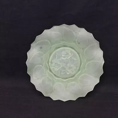 Uranium Art Deco Rose & Leaf Frosted Green Glass Plate (142) #316 • $9.99