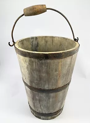 ANTIQUE WOOD MAPLE SYRUP SAP BUCKET PAIL W HANDLE 13.5  Tall • $150