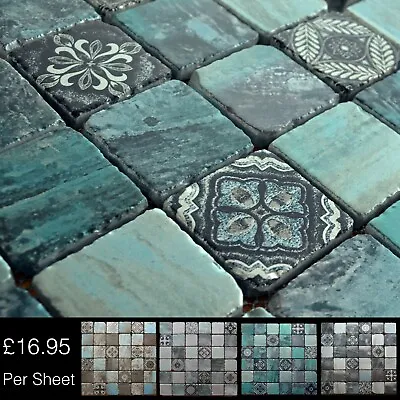 £16.95 • Buy Antique Rustic Effect Pattern Matt Blue / Grey Glass Wall Mosaics Full Sheet!