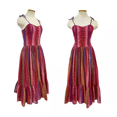 Vintage 1970s Adini Designer Paper Thin Metallic Indian Gauze Plaid Sun Dress • $188