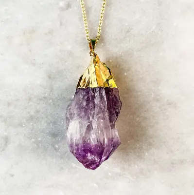 Amethyst Crystal Point Necklace - Gold Plated - Pendant Jewelry Quartz Stone • $22.99