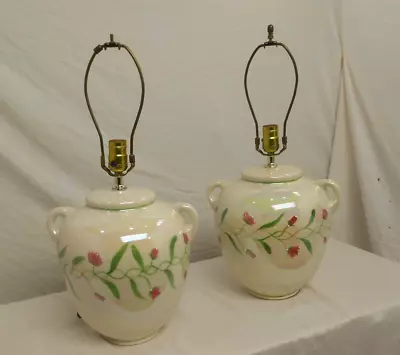 Vintage Pair Of Harris Iridescent Ceramic Table Lamps Hand Painted Desert Rose • $69.99