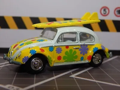 1966 VW Beetle Flower Power Hippy Surfer Bug Yellow Diorama Replica 1/64 MINT • $13.99