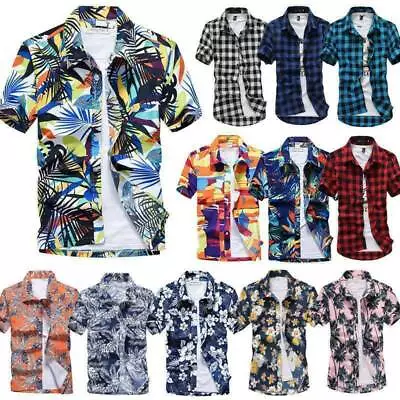 Man's Check Floral Hawaii Short Sleeve T-Shirt Summer Beach Party Tops Blouse↑ • £13.75