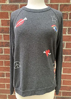 $26 • Buy Lauren Moshi Womens Long Sleeve T Shirt Peace Love Gray Graphic Size S
