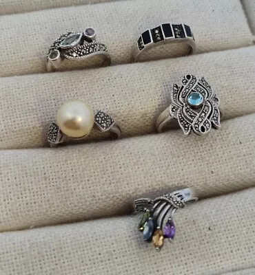 Lot Of 5 Vintage Sterling Silver Rings Bands W/ Multi Gems Marcasites • $18.98