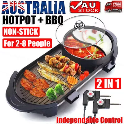 2in1 Electric Non-stick Korean BBQ Plate Hot Pot Pan Shabu Grill Barbecue Hotpot • $46.69