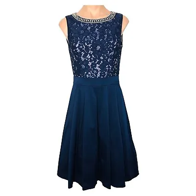 $59 • Buy REVIEW Pearl & Lace Fit & Flare Dress Size 8 Regular Fit Sleeveless Dark Blue