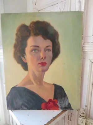 1958 PORTRAIT OIL PAINTING GORGEOUS Woman With ROSES Blue Eyes Dress • $135