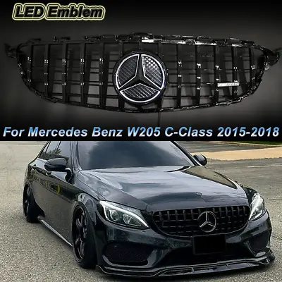 Gloss Black GTR Grille W/LED Emblem For Mercedes Benz W205 2015-2018 C-Class • $78.52