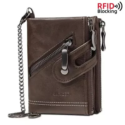 Men's Wallet With Chain Short Zipper Coin Purse Card Holder RFID Protection • £11.97
