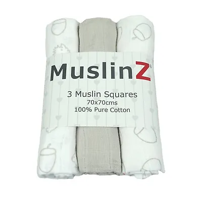 MuslinZ 3PK Baby Muslin Squares 70cms 100% Pure Soft Cotton - Various Combos • £6.99