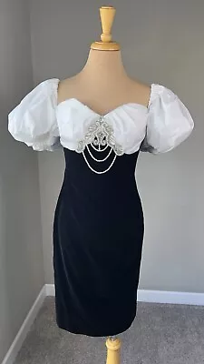 Vintage 80s Party Dress Black Velvet Pearl White Off Shoulder Puff Sleeve Mini M • $24.99