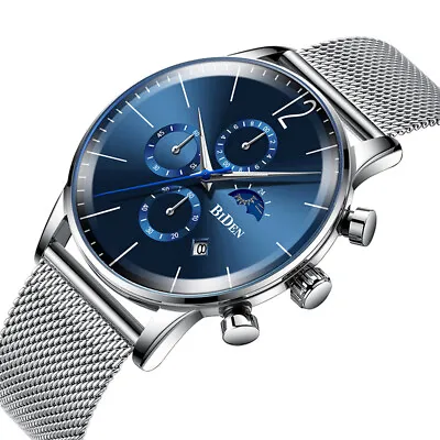 Moon Phase BIDEN Wrist Watch Luxury Japan Quartz Mvmt Calendar Gift Blue Dial • $24.95