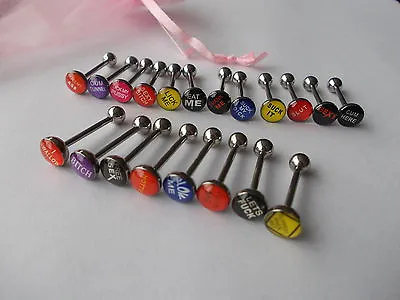 1x Rude Word Tongue Bar SteelSexChose Logo & Length 10mm12mm14mm16mmsexy • £1.99