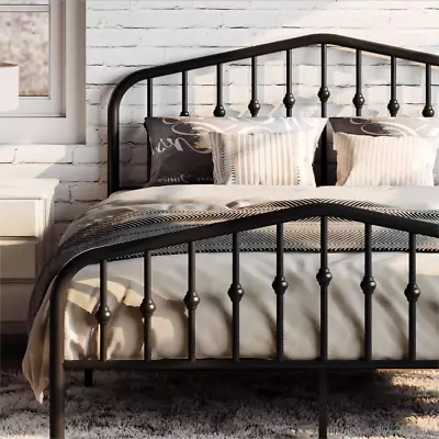 Full Size Metal Platform Bed Frame With Victorian Style Wrought Iron-Art Headboa • $200.99