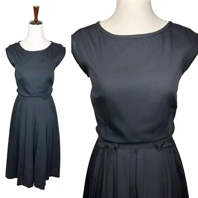 Vintage 50s L'Aiglon Black Bow Waistline Pleated Cap Sleeve Union Made Dress • $80