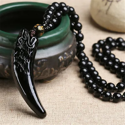 Men's Wolf Tooth Pendant Necklace Natural Stone Black And Ice Obsidian Amulets • $3.91