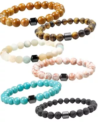 8mm Natural Gemstone Beaded Magnetic Healing Hematite Bracelet Tigers Eye & More • $11.99