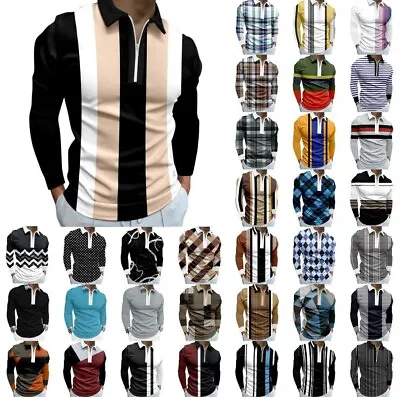 $19.79 • Buy Polo Shirts Men Casual Long Sleeve Print Zip Collar Slim Fit Golf Lapel Top