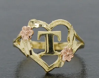 Real 10K Solid Yellow Gold Heart Initial Letter Women Ring  A-Z Sizes 4-11 • $115.89