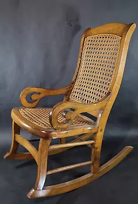 Antique Childs Rocking Chair With Caned Seat And Back Solid Wood Rattan Nursery • $99.97