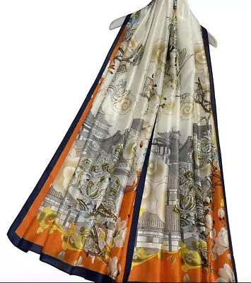 Orange Japanese Landscape Floral Silk Scarf Silk Scarf Designer Silk Scarf Women • £19.50