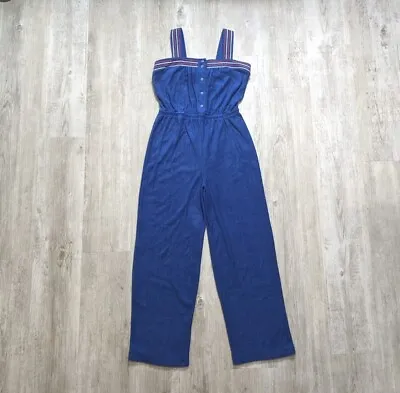 Vintage 1970s Terry Cloth Jumpsuit Romper Size M Wide Leg Snap Button Blue USA • £47.58