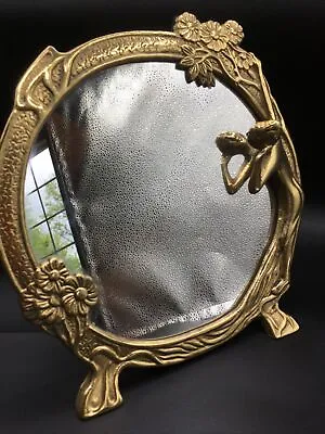 Vtg Brass Art Deco Nouveau Vanity Dresser Mirror Lady Floral Standing 10x9” • $60
