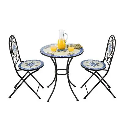 Alpine Corporation Bistro Set Round Ceramic Armless 3-Piece Mosaic Blue Beige • $375.52