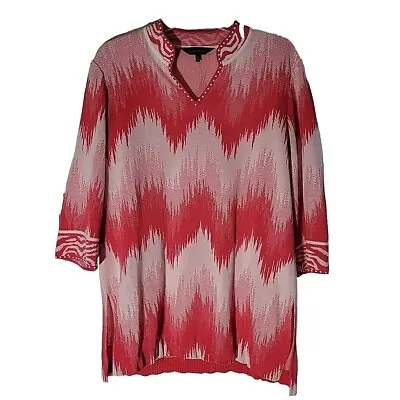 Ming Wang Top Womens Large Pink White Aztec Studded Neck Knit Pullover Tunic • $39.99