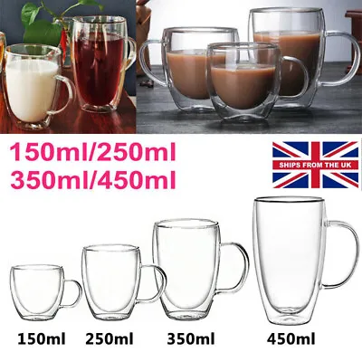 Double Wall Insulated Glass Coffee Glass Mug Tea Cup With Handle 250/350/450Ml • £34.95