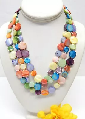 Hand Knotted Multicolor Mother Of Pearl Flat Disc Bead Necklace Extra Long 59  • $7.50