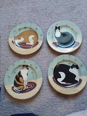 Warren Kimble Cat Collection Sakura 4 Stoneware Salad Dessert Plates W/ Stand • $69