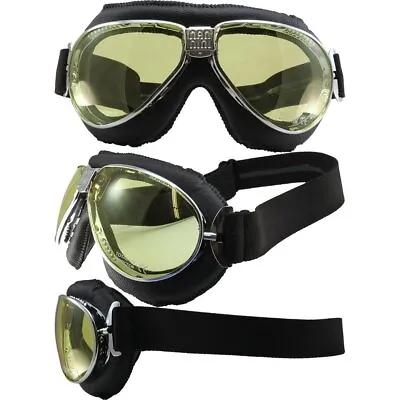 Nannini TT Hand-Sewn Black Leather Goggles Chrome Frames Yellow Anti-Fog LenS • $99.99