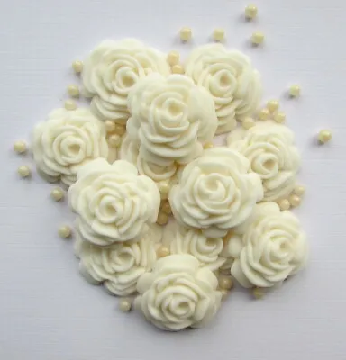 12 X 3cms Ivory Roses & Pearls Sugar Edible Flowers Wedding Cake Toppers • £6.75