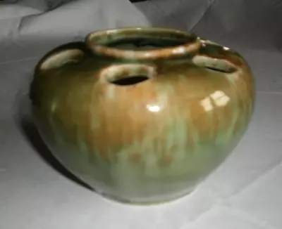 Vintage Pottery Flower Frog Vase 7 Hole Glossy Green Drip Unknown Maker • $9.95